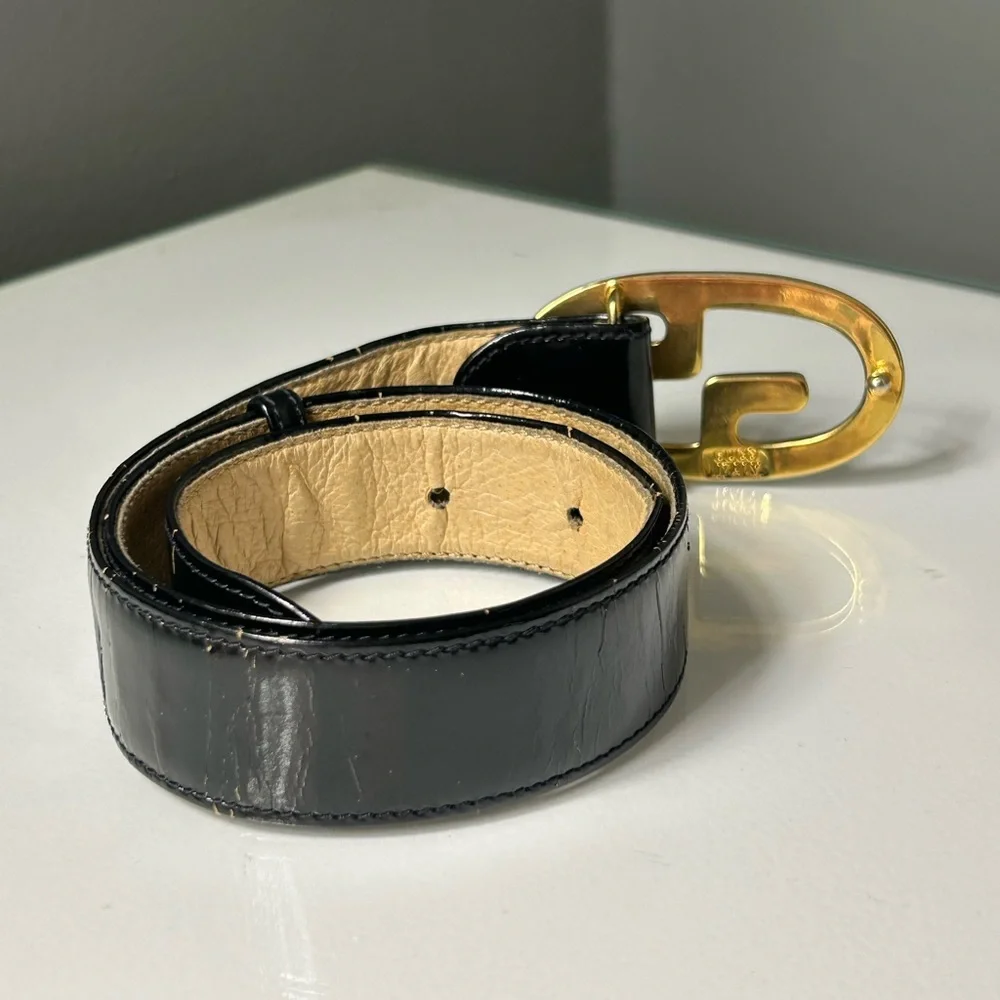 Vintage Gucci Black Patent Leather Belt w/ Gold & Silver GG Buckle size 26